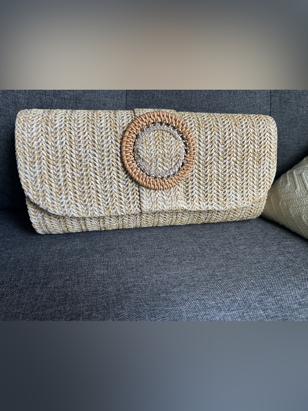 Woven Straw Accent Clutch in Natural Beige